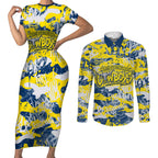 North Queensland Cowboys Rugby Couples Matching Short Sleeve Bodycon Dress and Long Sleeve Button Shirt Graffiti Typography Urban Camo Abstract Street Style