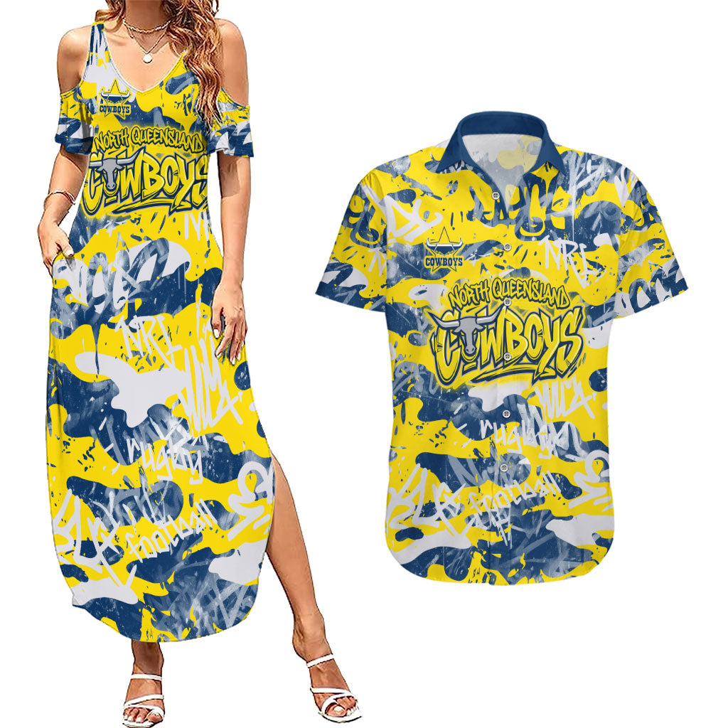 North Queensland Cowboys Rugby Couples Matching Summer Maxi Dress and Hawaiian Shirt Graffiti Typography Urban Camo Abstract Street Style