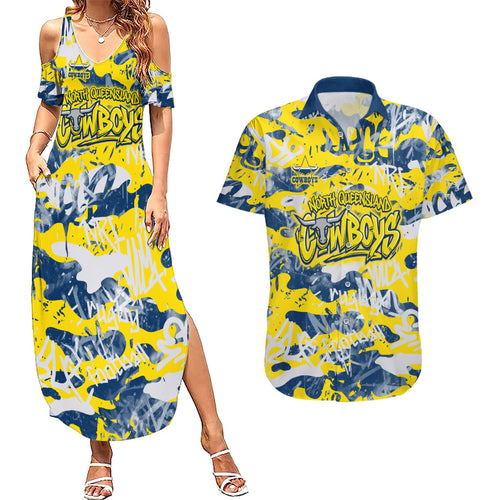 North Queensland Cowboys Rugby Couples Matching Summer Maxi Dress and Hawaiian Shirt Graffiti Typography Urban Camo Abstract Street Style