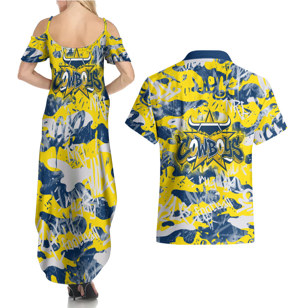 North Queensland Cowboys Rugby Couples Matching Summer Maxi Dress and Hawaiian Shirt Graffiti Typography Urban Camo Abstract Street Style