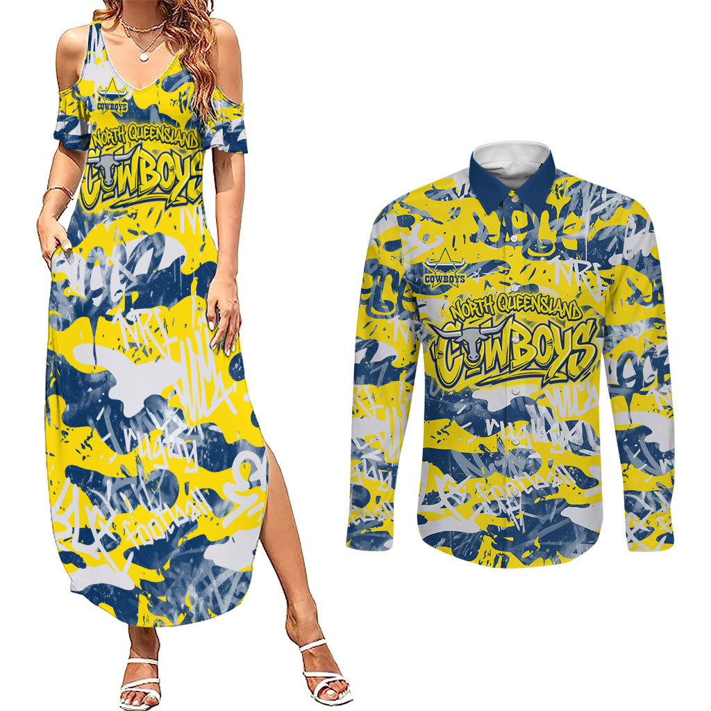 North Queensland Cowboys Rugby Couples Matching Summer Maxi Dress and Long Sleeve Button Shirt Graffiti Typography Urban Camo Abstract Street Style