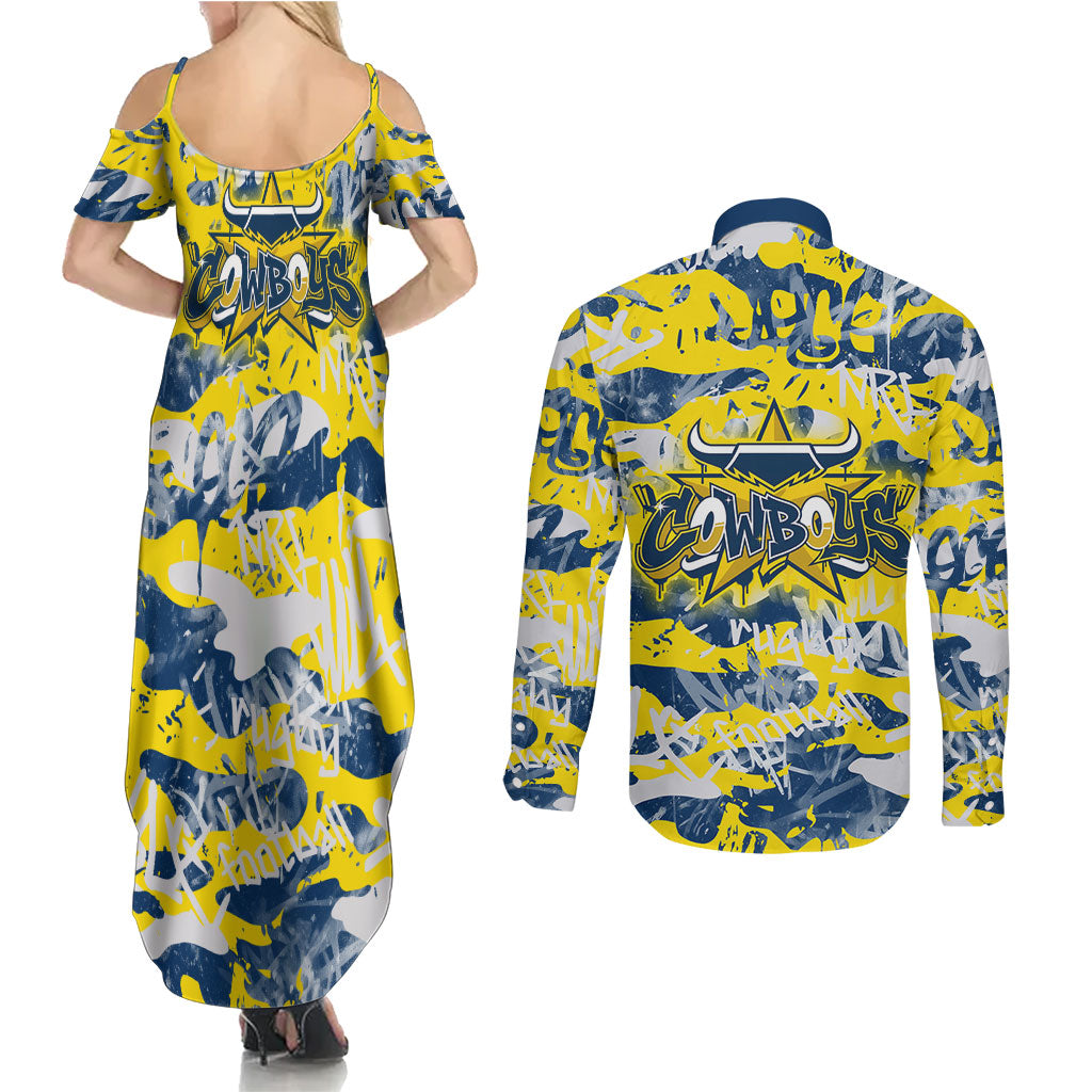 North Queensland Cowboys Rugby Couples Matching Summer Maxi Dress and Long Sleeve Button Shirt Graffiti Typography Urban Camo Abstract Street Style
