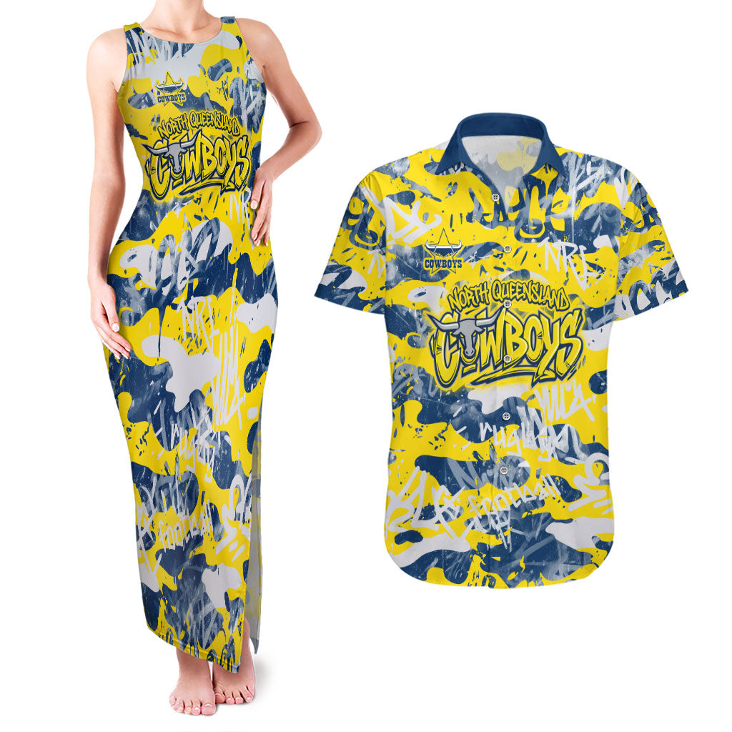 North Queensland Cowboys Rugby Couples Matching Tank Maxi Dress and Hawaiian Shirt Graffiti Typography Urban Camo Abstract Street Style