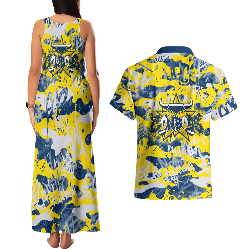 North Queensland Cowboys Rugby Couples Matching Tank Maxi Dress and Hawaiian Shirt Graffiti Typography Urban Camo Abstract Street Style
