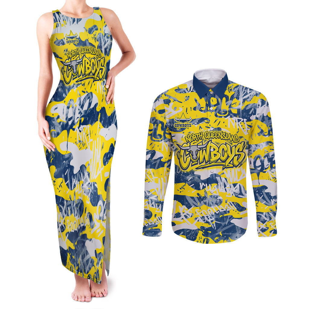 North Queensland Cowboys Rugby Couples Matching Tank Maxi Dress and Long Sleeve Button Shirt Graffiti Typography Urban Camo Abstract Street Style