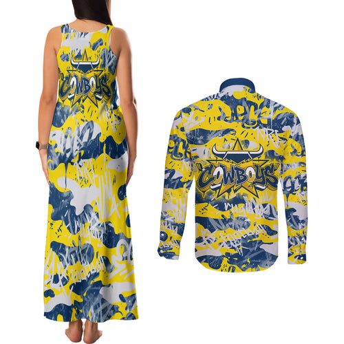 North Queensland Cowboys Rugby Couples Matching Tank Maxi Dress and Long Sleeve Button Shirt Graffiti Typography Urban Camo Abstract Street Style