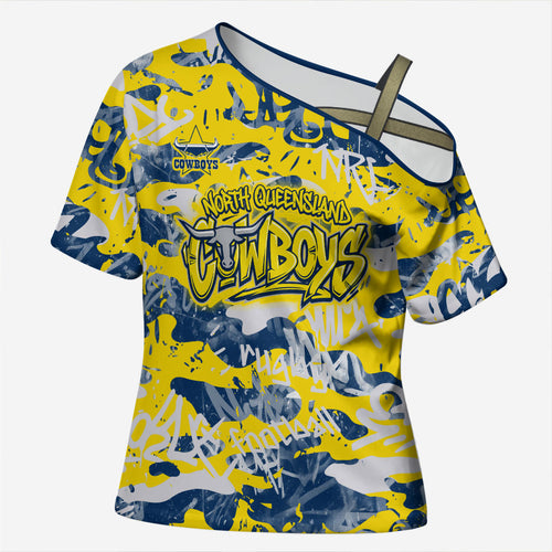 North Queensland Cowboys Rugby Cross Shoulder Shirt Graffiti Typography Urban Camo Abstract Street Style