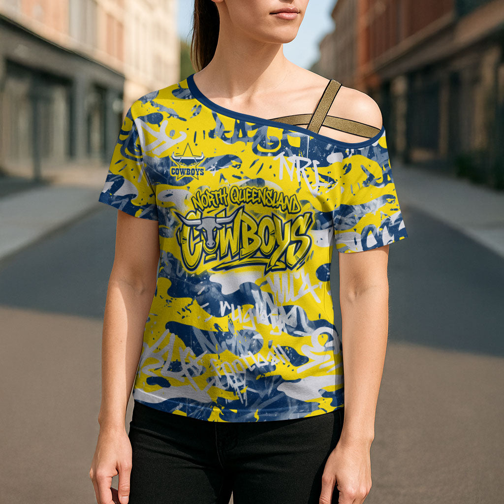 North Queensland Cowboys Rugby Cross Shoulder Shirt Graffiti Typography Urban Camo Abstract Street Style
