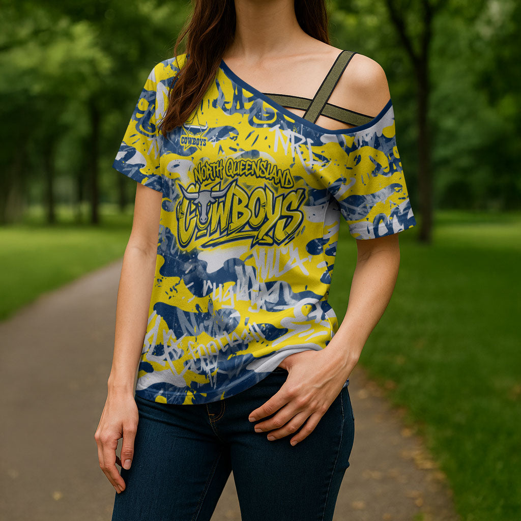 North Queensland Cowboys Rugby Cross Shoulder Shirt Graffiti Typography Urban Camo Abstract Street Style