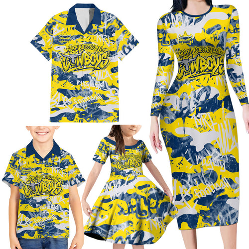 North Queensland Cowboys Rugby Family Matching Long Sleeve Bodycon Dress and Hawaiian Shirt Graffiti Typography Urban Camo Abstract Street Style