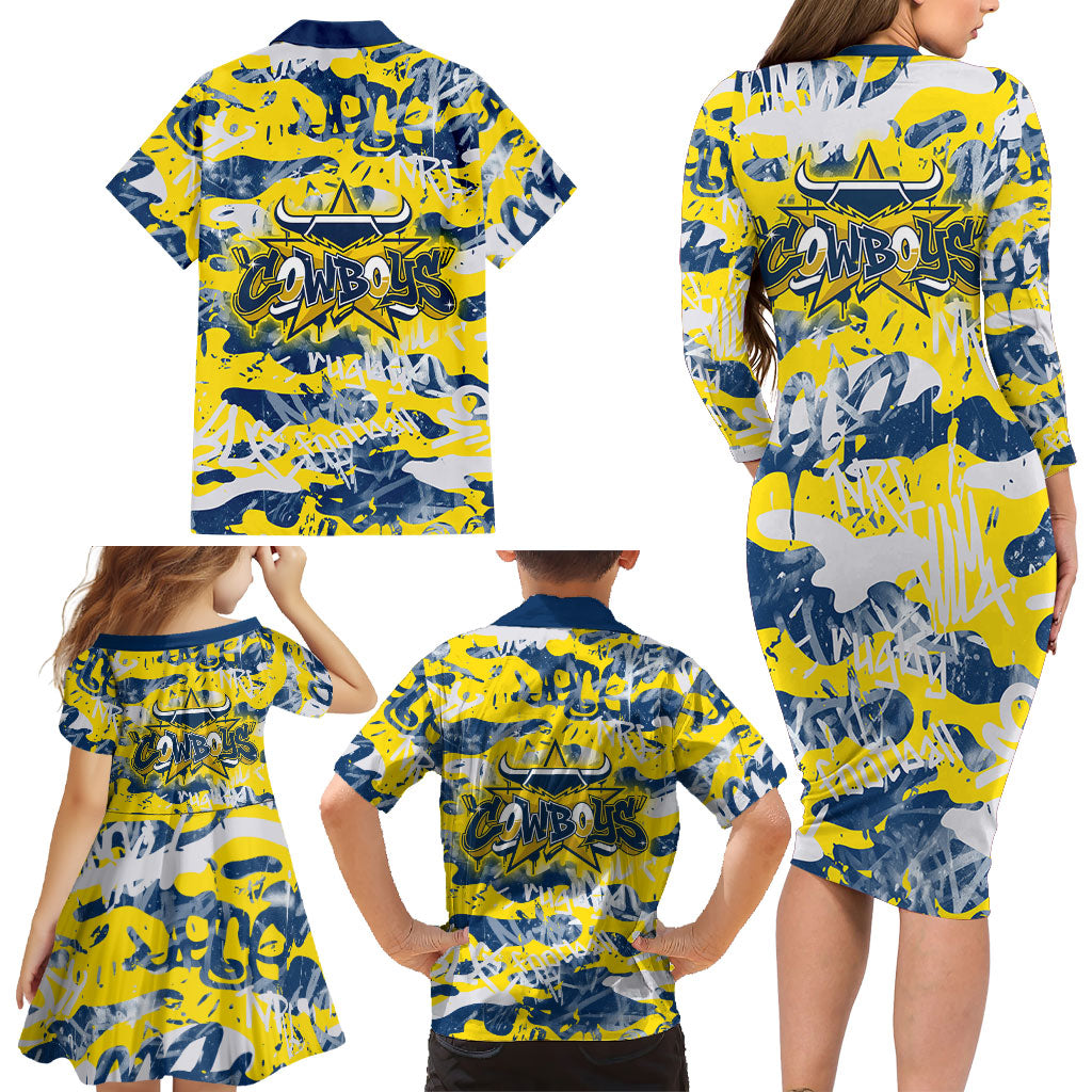 North Queensland Cowboys Rugby Family Matching Long Sleeve Bodycon Dress and Hawaiian Shirt Graffiti Typography Urban Camo Abstract Street Style