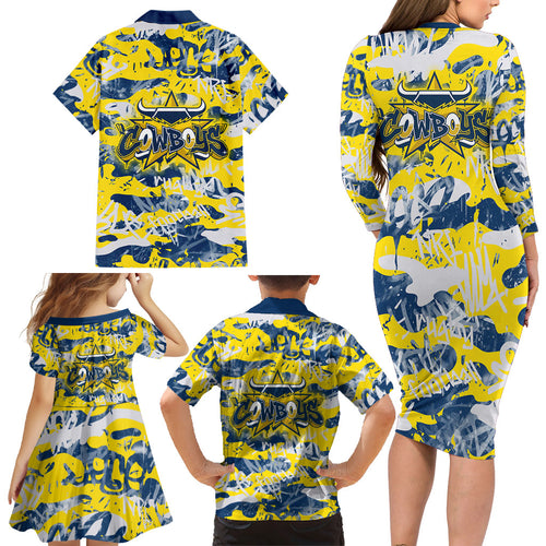 North Queensland Cowboys Rugby Family Matching Long Sleeve Bodycon Dress and Hawaiian Shirt Graffiti Typography Urban Camo Abstract Street Style