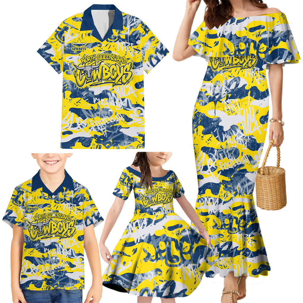 North Queensland Cowboys Rugby Family Matching Mermaid Dress and Hawaiian Shirt Graffiti Typography Urban Camo Abstract Street Style