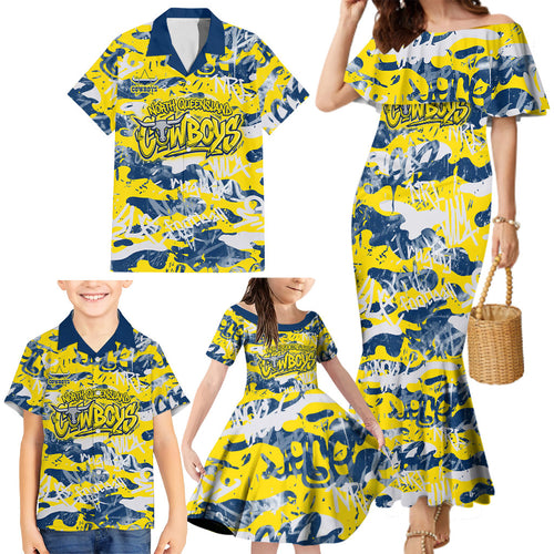 North Queensland Cowboys Rugby Family Matching Mermaid Dress and Hawaiian Shirt Graffiti Typography Urban Camo Abstract Street Style