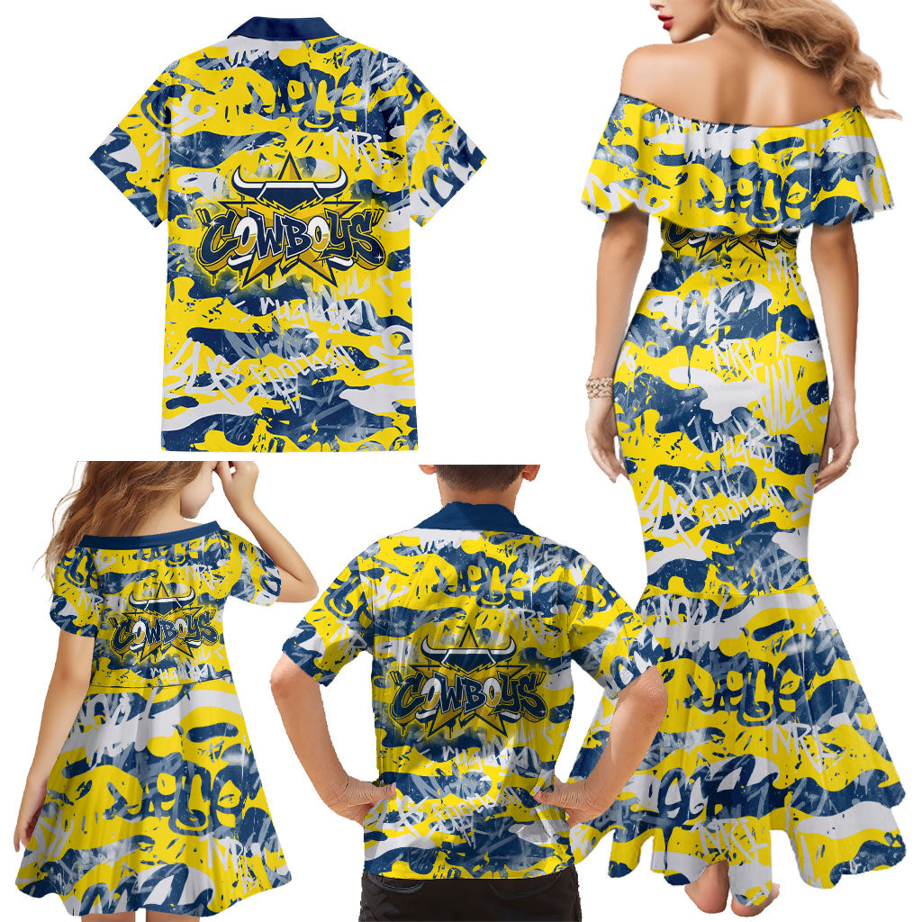 North Queensland Cowboys Rugby Family Matching Mermaid Dress and Hawaiian Shirt Graffiti Typography Urban Camo Abstract Street Style
