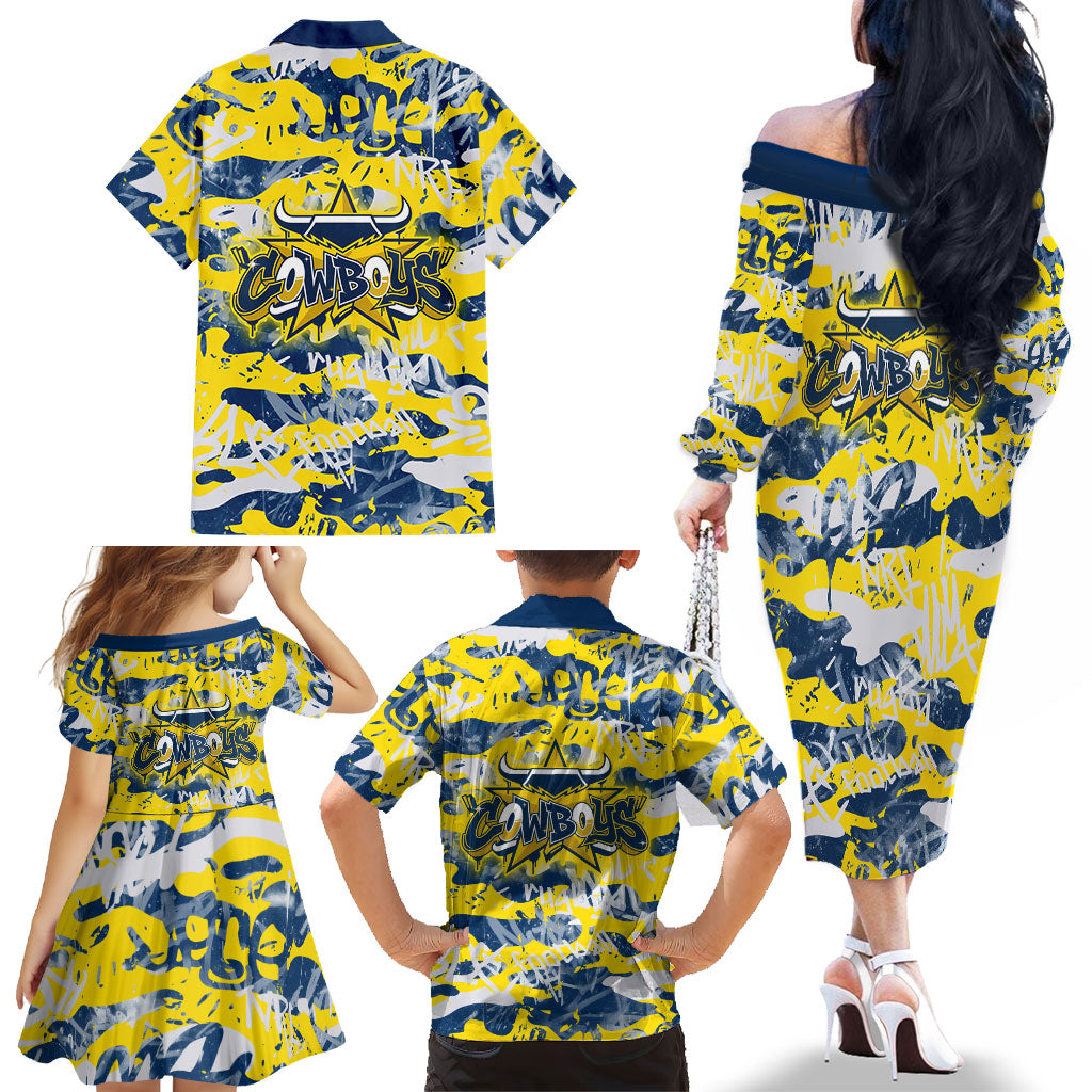 North Queensland Cowboys Rugby Family Matching Off The Shoulder Long Sleeve Dress and Hawaiian Shirt Graffiti Typography Urban Camo Abstract Street Style
