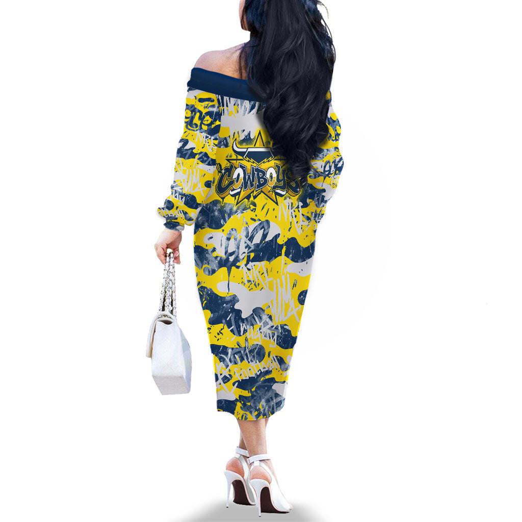 North Queensland Cowboys Rugby Family Matching Off The Shoulder Long Sleeve Dress and Hawaiian Shirt Graffiti Typography Urban Camo Abstract Street Style