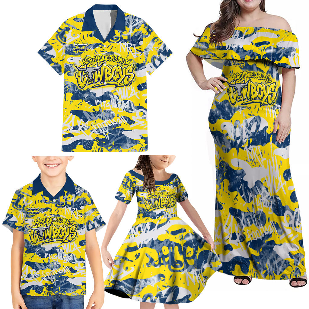 North Queensland Cowboys Rugby Family Matching Off Shoulder Maxi Dress and Hawaiian Shirt Graffiti Typography Urban Camo Abstract Street Style
