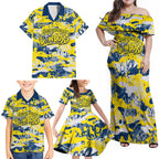 North Queensland Cowboys Rugby Family Matching Off Shoulder Maxi Dress and Hawaiian Shirt Graffiti Typography Urban Camo Abstract Street Style