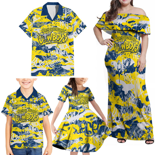 North Queensland Cowboys Rugby Family Matching Off Shoulder Maxi Dress and Hawaiian Shirt Graffiti Typography Urban Camo Abstract Street Style
