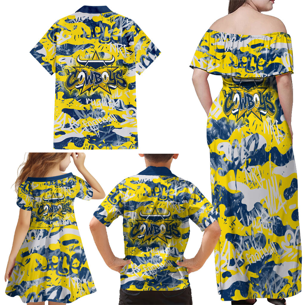 North Queensland Cowboys Rugby Family Matching Off Shoulder Maxi Dress and Hawaiian Shirt Graffiti Typography Urban Camo Abstract Street Style