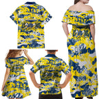 North Queensland Cowboys Rugby Family Matching Off Shoulder Maxi Dress and Hawaiian Shirt Graffiti Typography Urban Camo Abstract Street Style