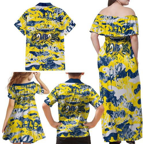 North Queensland Cowboys Rugby Family Matching Off Shoulder Maxi Dress and Hawaiian Shirt Graffiti Typography Urban Camo Abstract Street Style