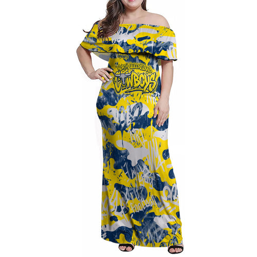 North Queensland Cowboys Rugby Family Matching Off Shoulder Maxi Dress and Hawaiian Shirt Graffiti Typography Urban Camo Abstract Street Style