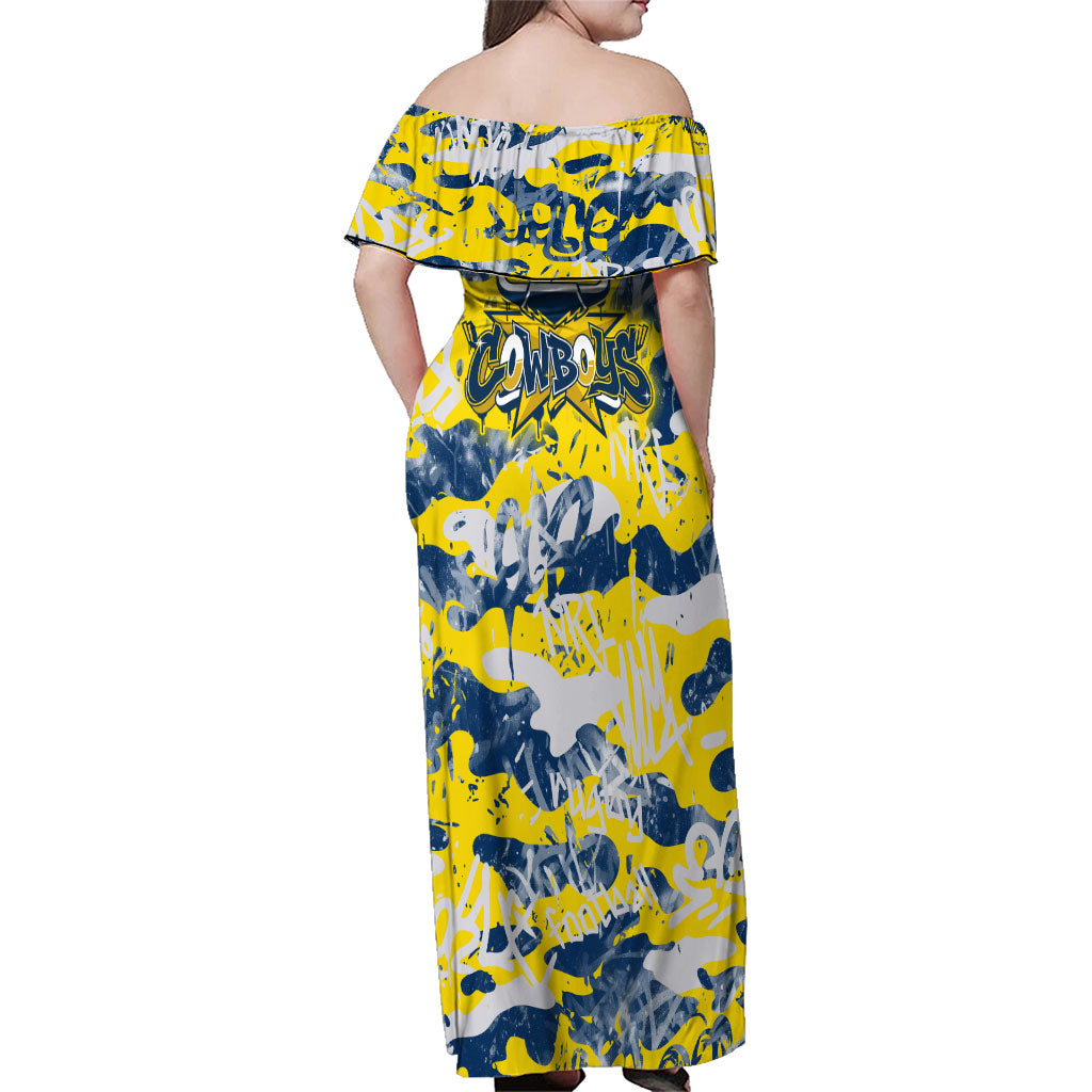 North Queensland Cowboys Rugby Family Matching Off Shoulder Maxi Dress and Hawaiian Shirt Graffiti Typography Urban Camo Abstract Street Style