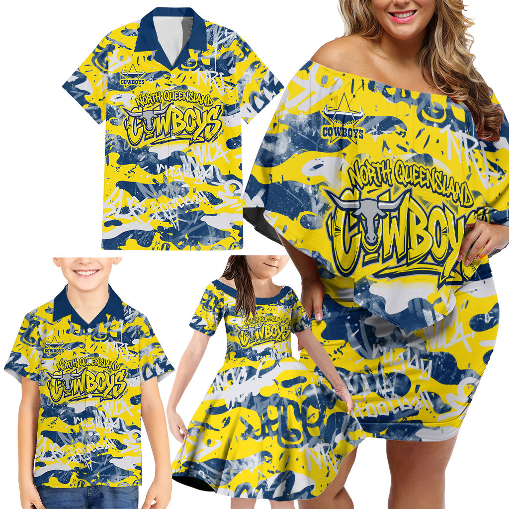 North Queensland Cowboys Rugby Family Matching Off Shoulder Short Dress and Hawaiian Shirt Graffiti Typography Urban Camo Abstract Street Style