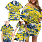North Queensland Cowboys Rugby Family Matching Off Shoulder Short Dress and Hawaiian Shirt Graffiti Typography Urban Camo Abstract Street Style