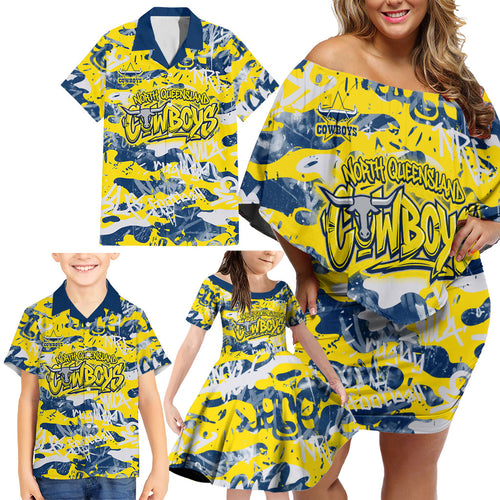 North Queensland Cowboys Rugby Family Matching Off Shoulder Short Dress and Hawaiian Shirt Graffiti Typography Urban Camo Abstract Street Style