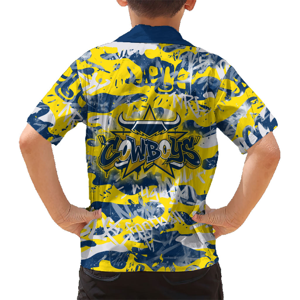 North Queensland Cowboys Rugby Family Matching Off Shoulder Short Dress and Hawaiian Shirt Graffiti Typography Urban Camo Abstract Street Style