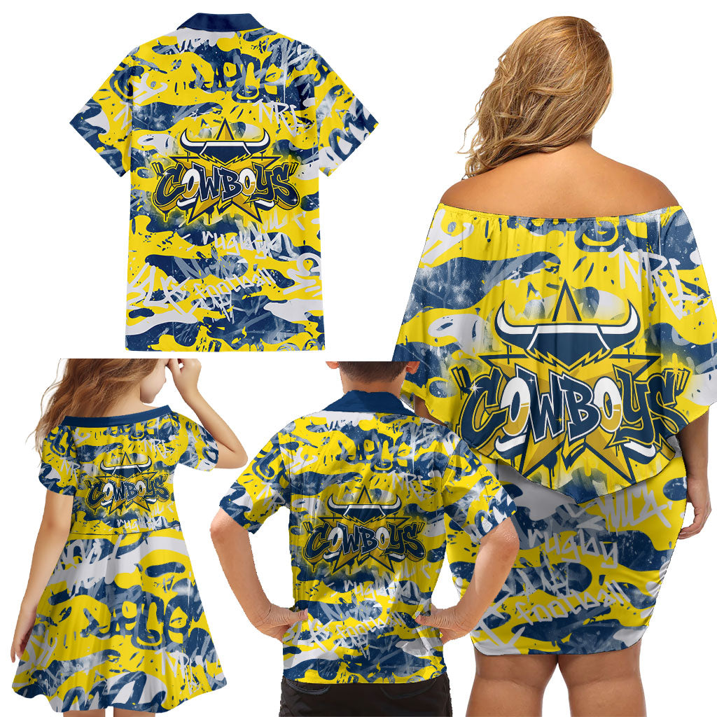 North Queensland Cowboys Rugby Family Matching Off Shoulder Short Dress and Hawaiian Shirt Graffiti Typography Urban Camo Abstract Street Style