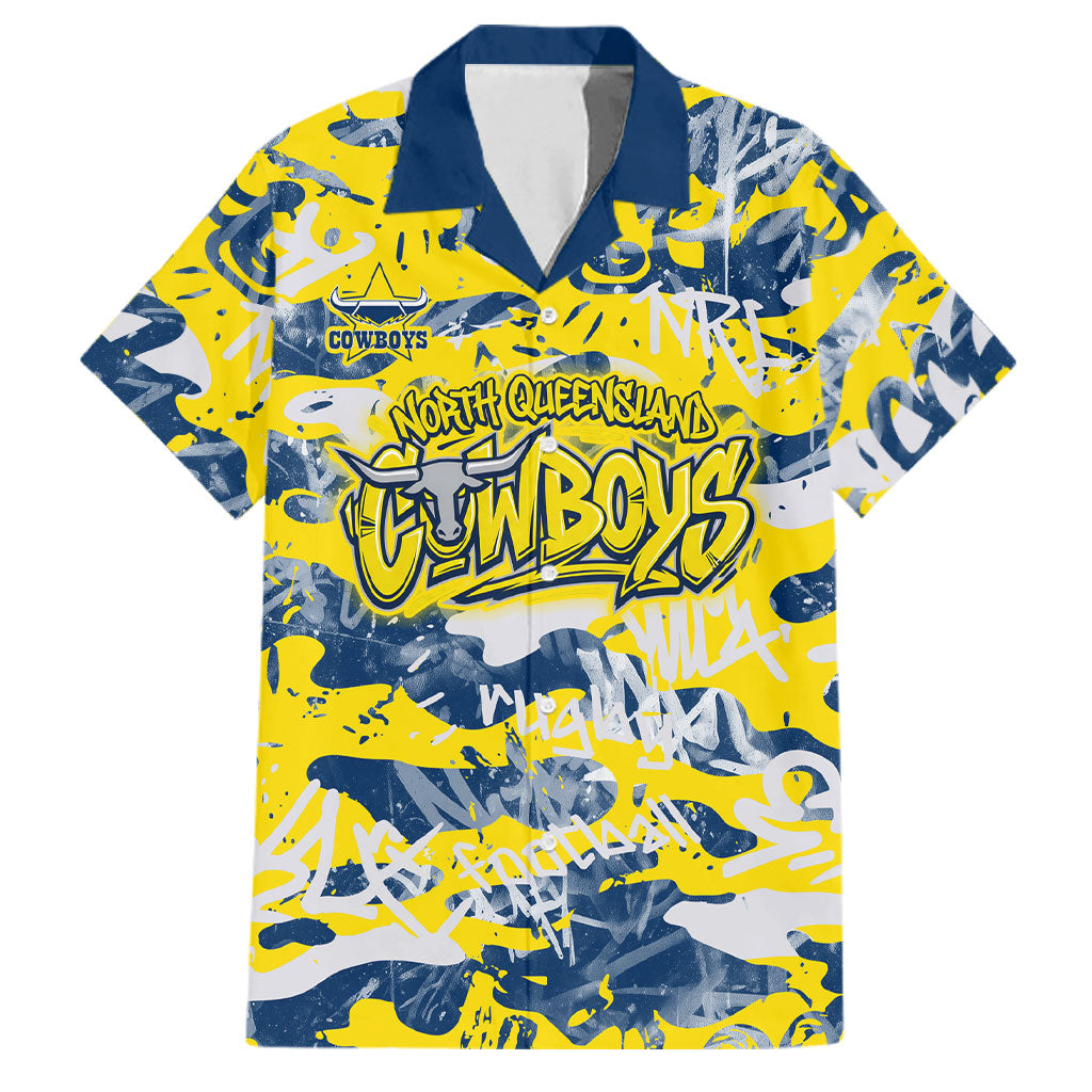 North Queensland Cowboys Rugby Family Matching Off Shoulder Short Dress and Hawaiian Shirt Graffiti Typography Urban Camo Abstract Street Style