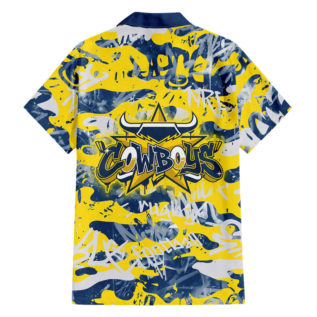 North Queensland Cowboys Rugby Family Matching Off Shoulder Short Dress and Hawaiian Shirt Graffiti Typography Urban Camo Abstract Street Style