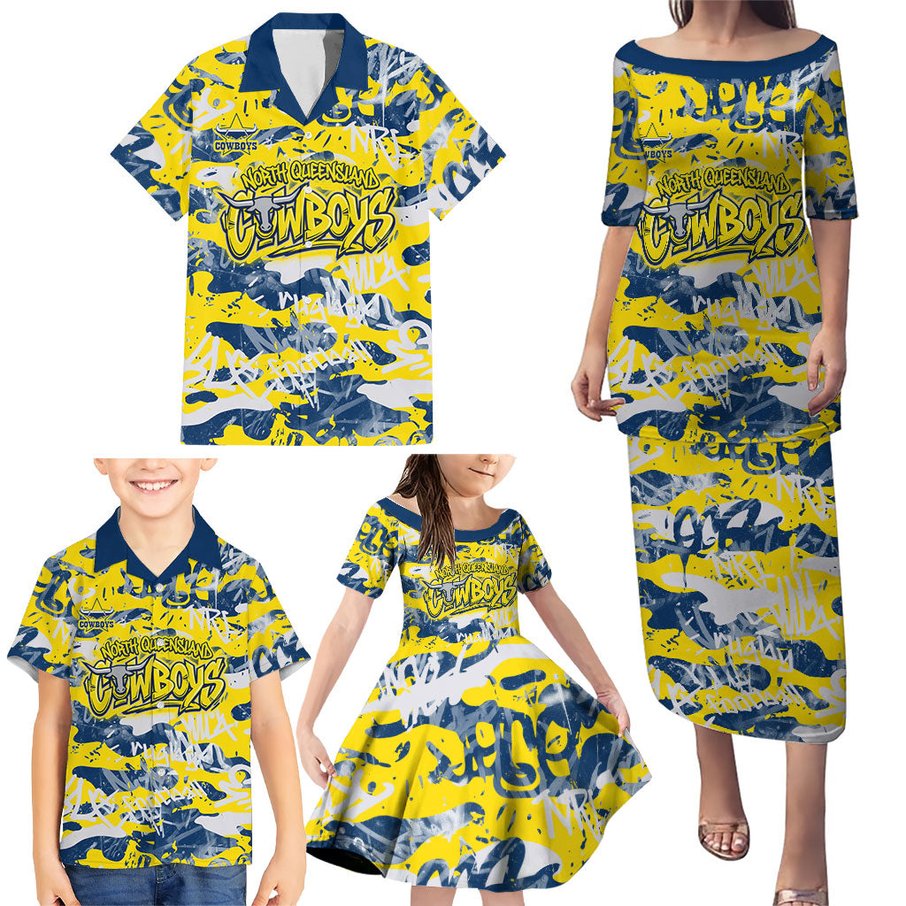 North Queensland Cowboys Rugby Family Matching Puletasi and Hawaiian Shirt Graffiti Typography Urban Camo Abstract Street Style