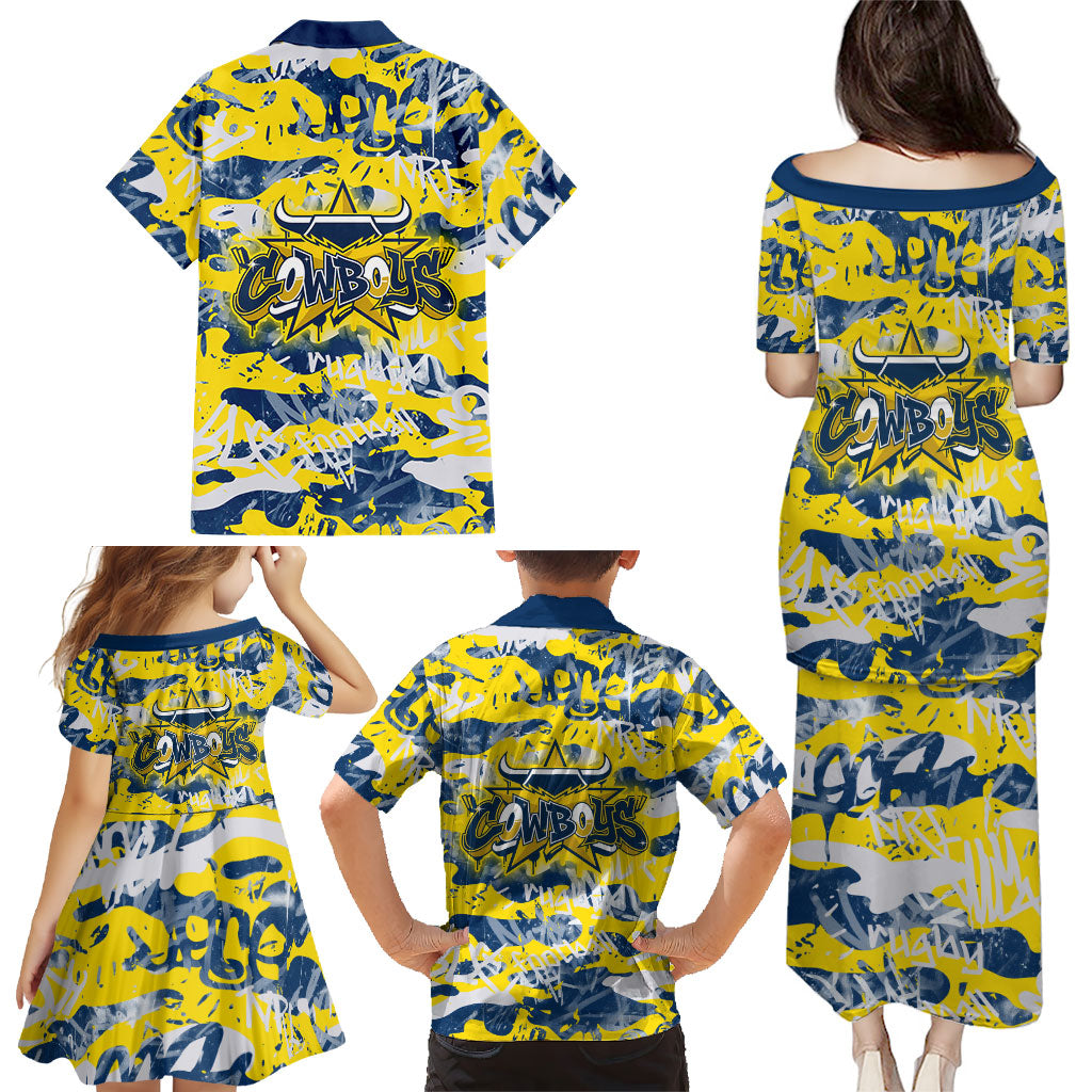 North Queensland Cowboys Rugby Family Matching Puletasi and Hawaiian Shirt Graffiti Typography Urban Camo Abstract Street Style
