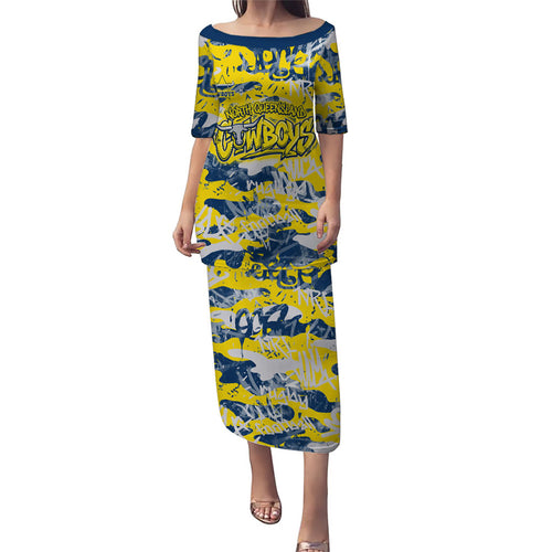 North Queensland Cowboys Rugby Family Matching Puletasi and Hawaiian Shirt Graffiti Typography Urban Camo Abstract Street Style