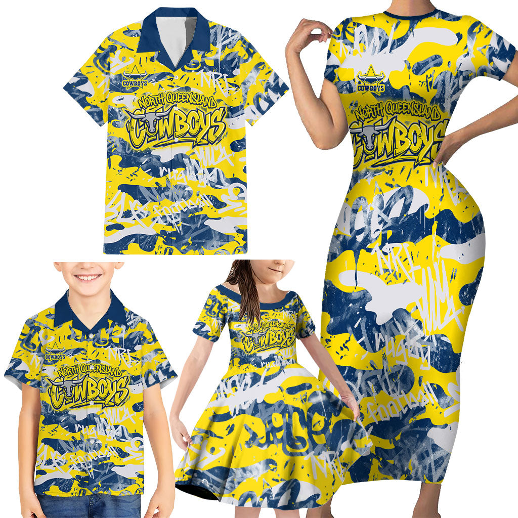 North Queensland Cowboys Rugby Family Matching Short Sleeve Bodycon Dress and Hawaiian Shirt Graffiti Typography Urban Camo Abstract Street Style