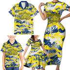 North Queensland Cowboys Rugby Family Matching Short Sleeve Bodycon Dress and Hawaiian Shirt Graffiti Typography Urban Camo Abstract Street Style