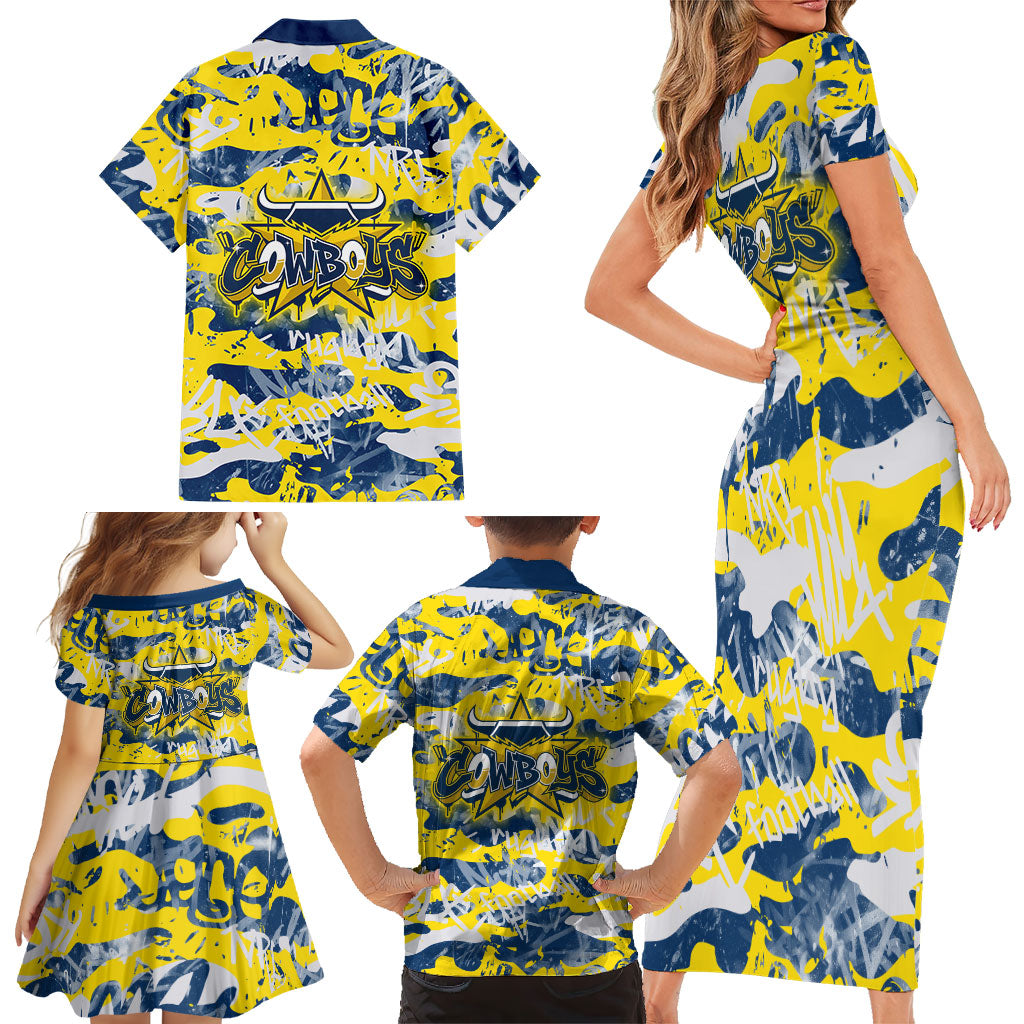 North Queensland Cowboys Rugby Family Matching Short Sleeve Bodycon Dress and Hawaiian Shirt Graffiti Typography Urban Camo Abstract Street Style