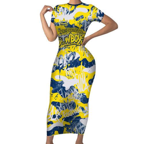 North Queensland Cowboys Rugby Family Matching Short Sleeve Bodycon Dress and Hawaiian Shirt Graffiti Typography Urban Camo Abstract Street Style