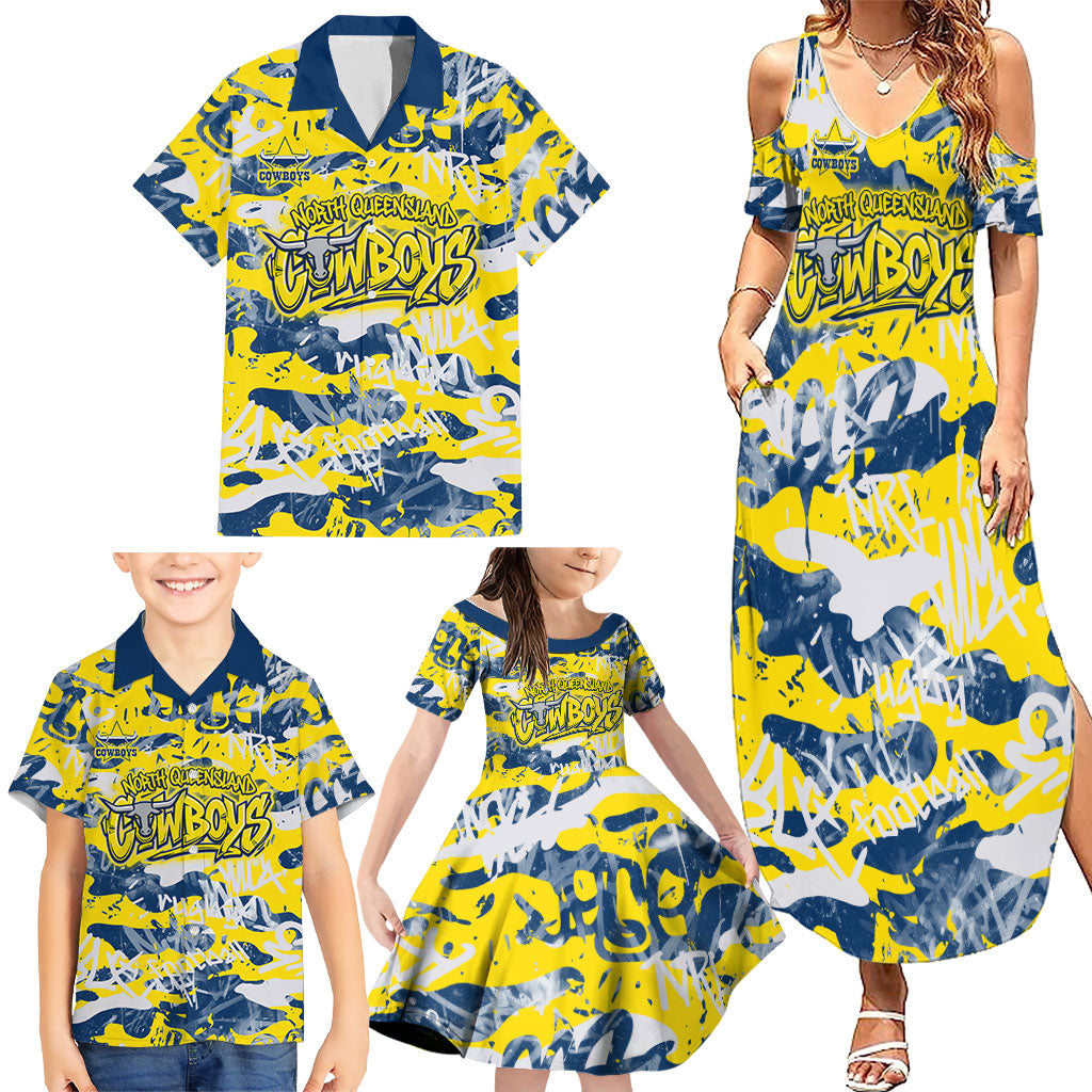 North Queensland Cowboys Rugby Family Matching Summer Maxi Dress and Hawaiian Shirt Graffiti Typography Urban Camo Abstract Street Style
