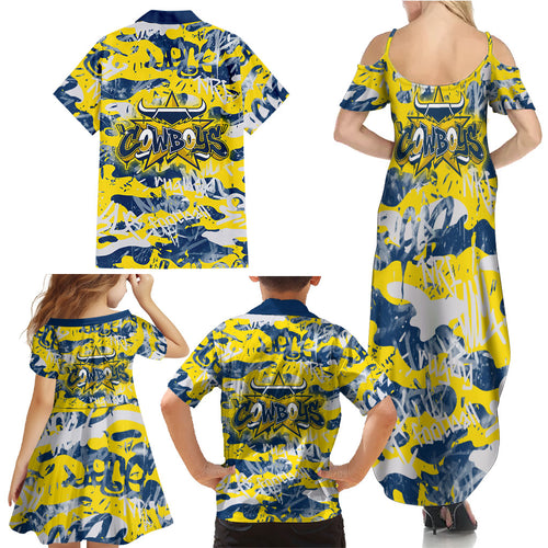 North Queensland Cowboys Rugby Family Matching Summer Maxi Dress and Hawaiian Shirt Graffiti Typography Urban Camo Abstract Street Style