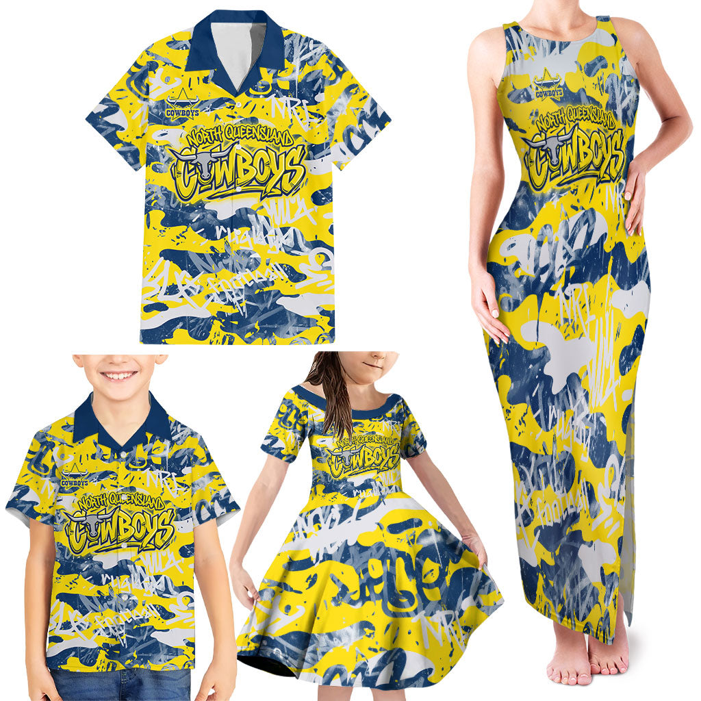 North Queensland Cowboys Rugby Family Matching Tank Maxi Dress and Hawaiian Shirt Graffiti Typography Urban Camo Abstract Street Style