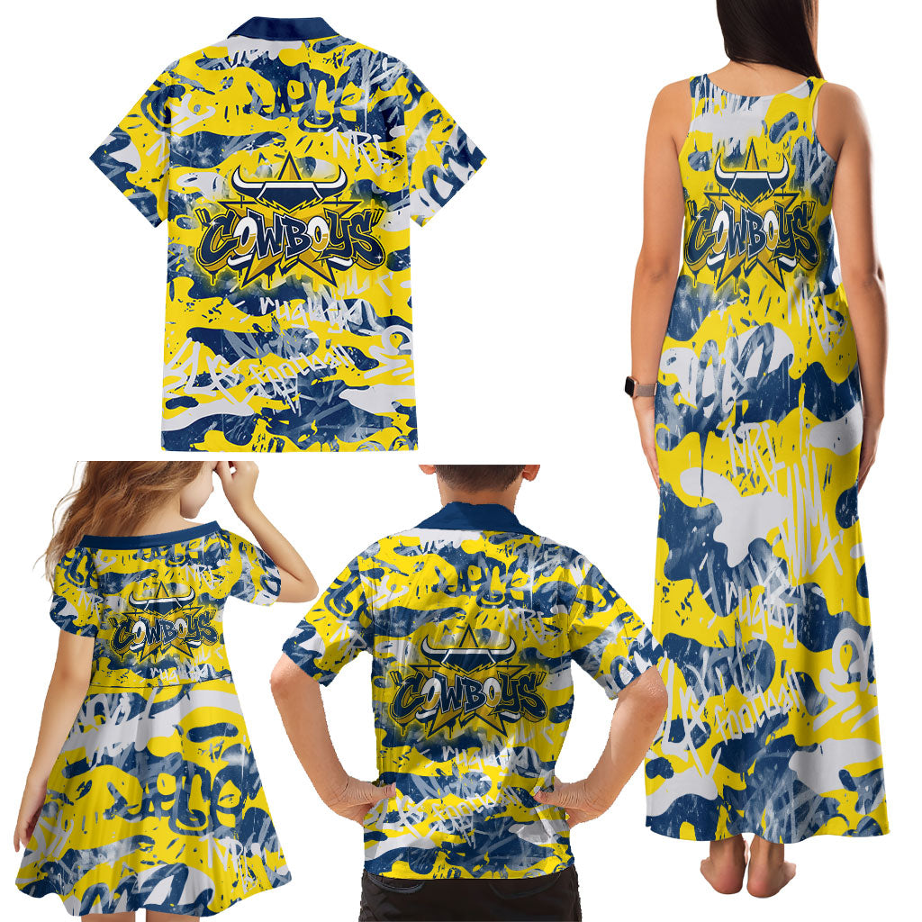 North Queensland Cowboys Rugby Family Matching Tank Maxi Dress and Hawaiian Shirt Graffiti Typography Urban Camo Abstract Street Style