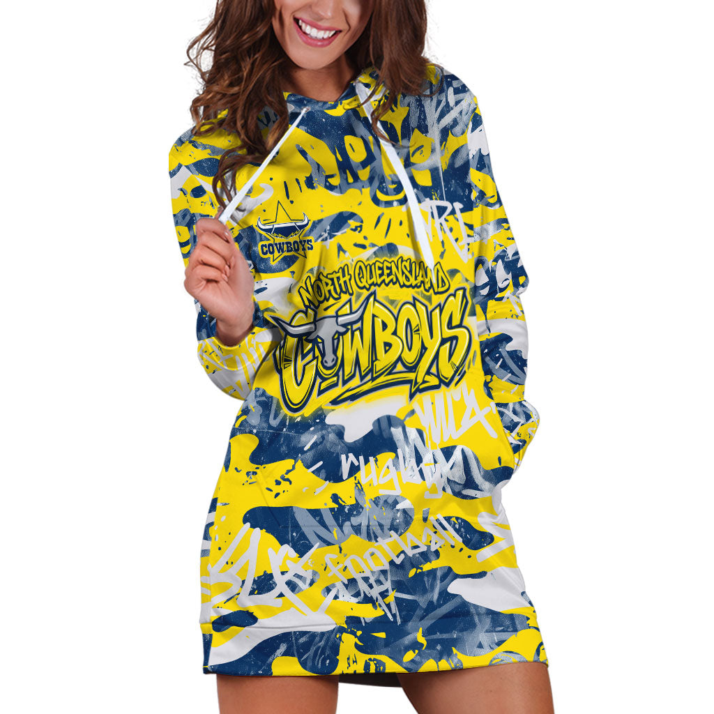 North Queensland Cowboys Rugby Hoodie Dress Graffiti Typography Urban Camo Abstract Street Style