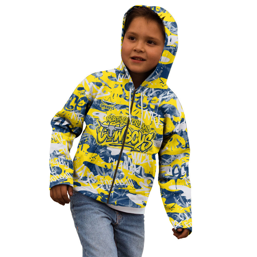 North Queensland Cowboys Rugby Kid Hoodie Graffiti Typography Urban Camo Abstract Street Style