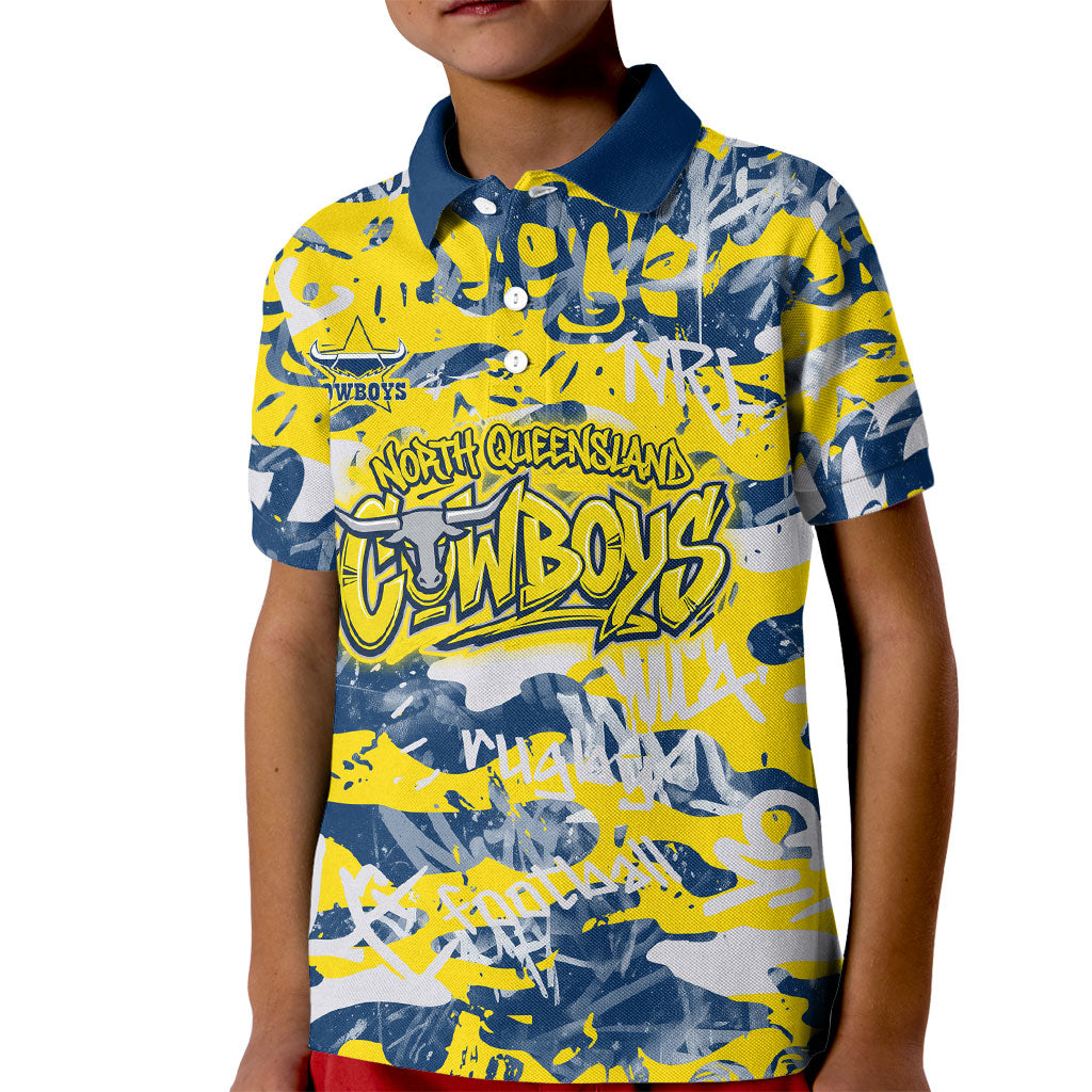 North Queensland Cowboys Rugby Kid Polo Shirt Graffiti Typography Urban Camo Abstract Street Style